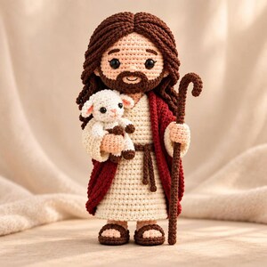 May include: A crochet doll depicting a figure with long brown hair and a beard, wearing a cream-colored robe with a dark red cloak and brown sandals. The figure holds a small white lamb in one arm and a tall brown shepherd's crook in the other.