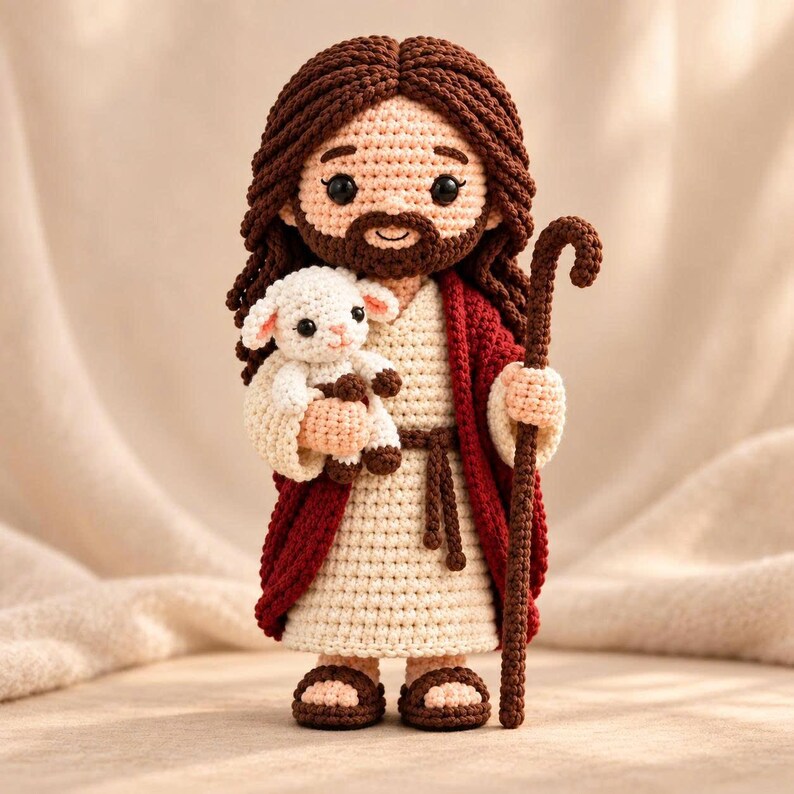 May include: A crochet doll depicting a figure with long brown hair and a beard, wearing a cream-colored robe with a dark red cloak and brown sandals. The figure holds a small white lamb in one arm and a tall brown shepherd's crook in the other.