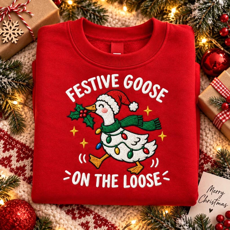 May include: A red crewneck sweatshirt featuring an embroidered graphic of a white goose wearing a Santa hat, a green scarf, and a string of colorful Christmas lights. The text reads "FESTIVE GOOSE ON THE LOOSE" in white capital letters.