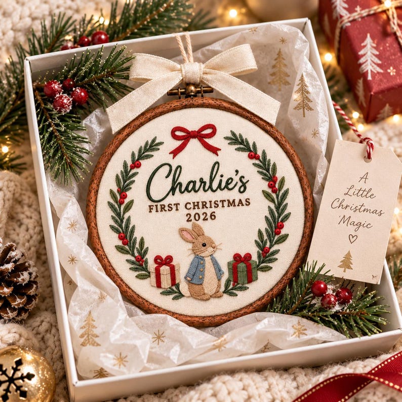 May include: A round wooden embroidery hoop featuring a cream fabric centre with a stitched wreath, a red bow, and a rabbit wearing a blue coat. The text reads Charlie's FIRST CHRISTMAS 2026. A beige gift tag reads A Little Christmas Magic with a tree icon.