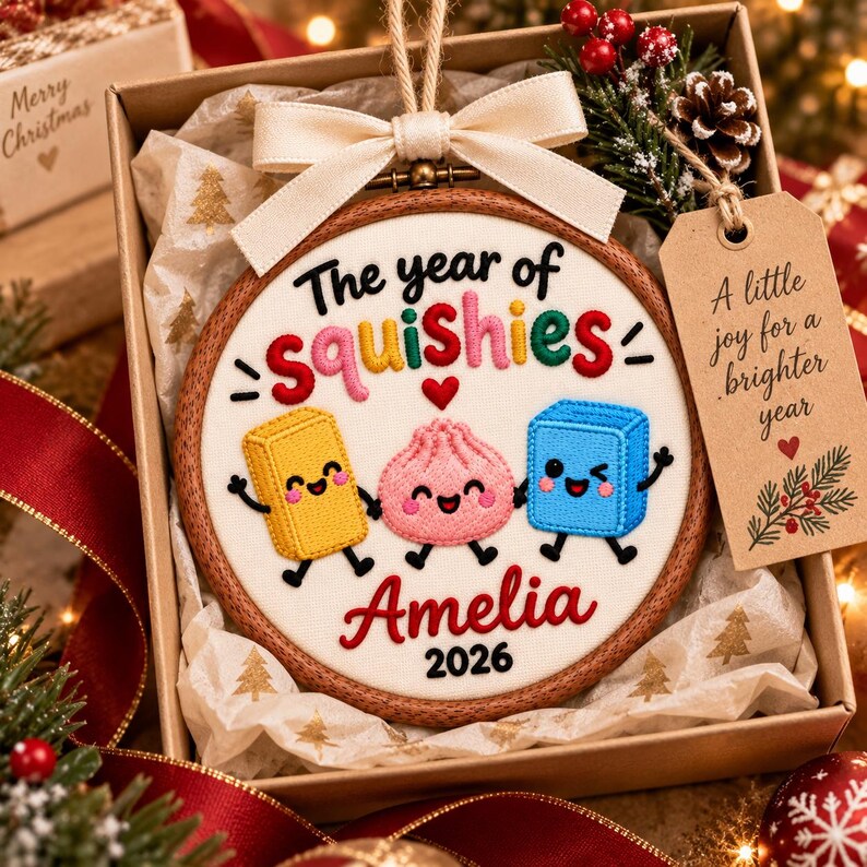 May include: A round wooden embroidery hoop ornament featuring embroidered text The year of squishies and Amelia 2026 with three colorful cartoon characters. A cream-colored ribbon bow is attached to the top, and a brown paper tag reads A little joy for a brighter year.