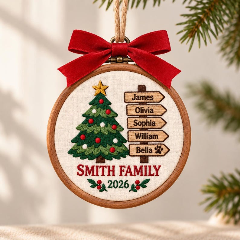 May include: A round wooden embroidery hoop ornament featuring a stitched Christmas tree with a yellow star, a signpost with the names James, Olivia, Sophia, William, and Bella, the text SMITH FAMILY 2026, and a red velvet bow with a jute hanging cord.