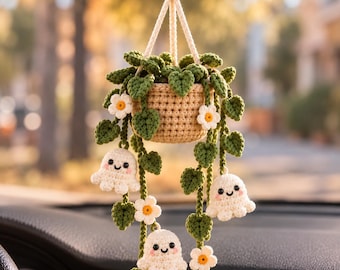 Crochet Halloween Ghost Plant Car Hanging, Spooky Cute Car Halloween Car Decor, Handmade Plant Car Accessory, Plant Lover Gift
