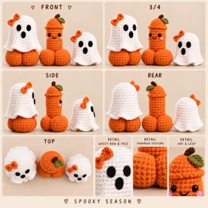 May include: A collection of crocheted figures including two white ghosts with orange bows and one orange pumpkin-shaped figure with a green leaf and orange bow. The image displays front, side, rear, and top views, plus close-up details of the faces and textures.