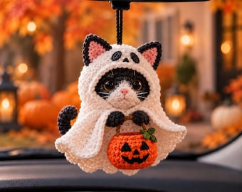 Crochet Ghost Cat with Pumpkin Basket –  Amigurumi Ghost Cat Plush with Pumpkin, Trick or Treat Home Decor, Gift for Cat Lover