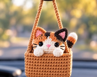 Handmade Crochet Car Mirror Charm, Cute Pumpkin Halloween Car Decor, Cat Lover Gift, Rearview Mirror Hanging Accessory For Fall
