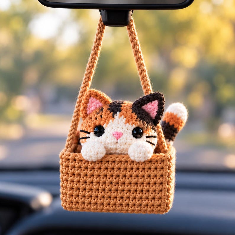 May include: A crocheted calico cat ornament with black, orange, and white yarn, featuring large black eyes and a pink nose, sitting inside a small tan rectangular basket with a matching yarn handle for hanging from a rearview mirror.