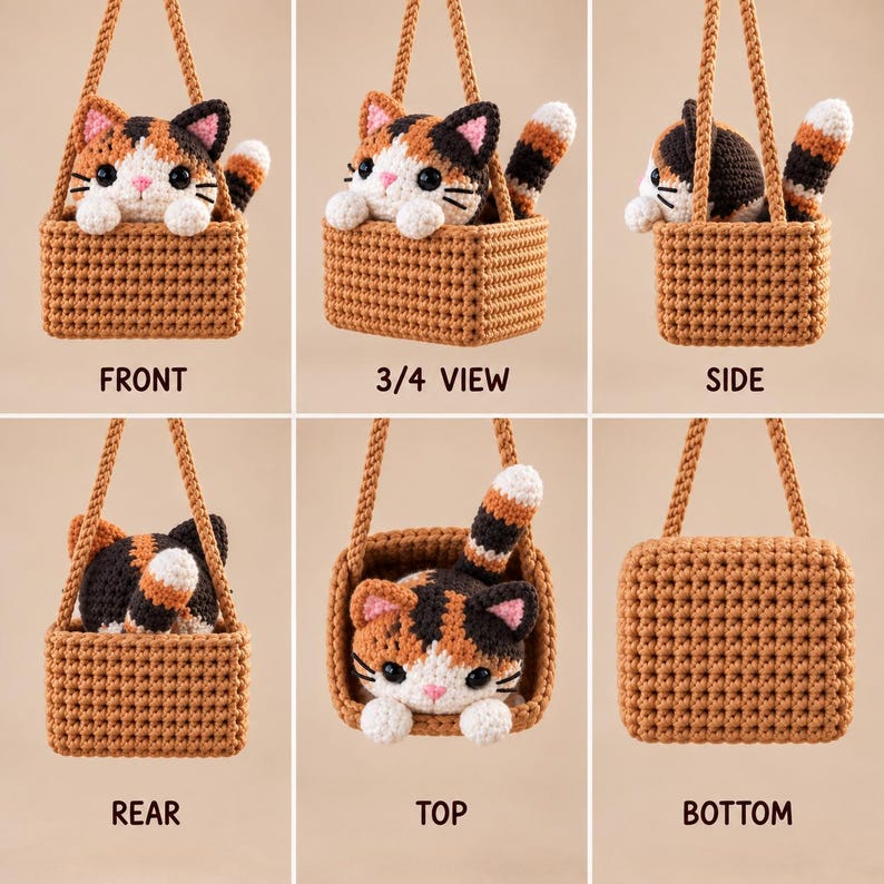 May include: A crocheted calico cat plush toy sitting inside a small, square, tan crocheted basket with a hanging handle. The cat features black, orange, and white fur, pink ears, and black eyes. The image displays front, 3/4, side, rear, top, and bottom views.