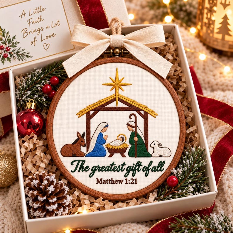 May include: A round wooden embroidery hoop featuring a nativity scene with a gold star, a manger, and figures in blue and green robes. The text reads, "The greatest gift of all" and "Matthew 1:21" in dark green and brown script on white fabric.