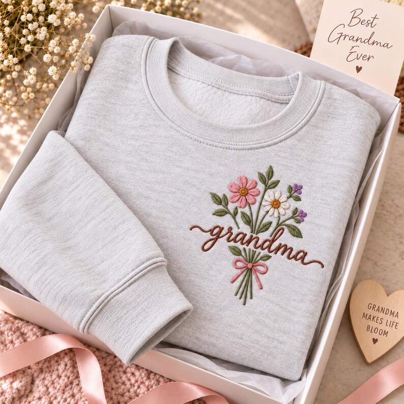 May include: A light gray crewneck sweatshirt featuring an embroidered bouquet of pink and white flowers with green stems and the word grandma in brown cursive script. The sweatshirt is inside a white gift box with a card reading Best Grandma Ever.