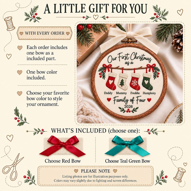 May include: A round wooden embroidery hoop ornament featuring embroidered text Our First Christmas as a Family of Four 2026. It displays four hanging stockings labeled Daddy, Mummy, Freddie, and Humphrey, topped with a cream-colored fabric bow.