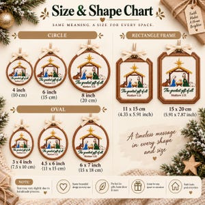 May include: A size and shape chart for nativity scene ornaments featuring circle, rectangle frame, and oval options. Each ornament displays a manger scene with the text The greatest gift of all Matthew 1:21. Sizes range from 4 inches to 8 inches.
