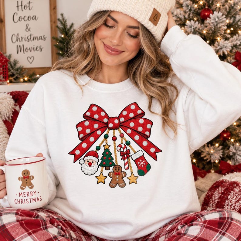 May include: A white long-sleeve sweatshirt featuring a large red polka-dot bow graphic with hanging Christmas ornaments including Santa, a tree, a candy cane, a stocking, and a gingerbread man. A matching white mug displays a gingerbread man.