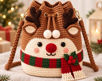 Handmade Crochet Christmas Bucket Bag,Christmas Crochet Reindeer Bag, Cute Holiday Drawstring Pouch,Xmas Gift Bag for Her, Christmas Gift