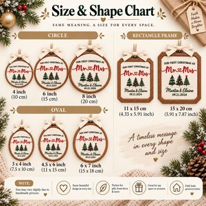 May include: A size and shape chart for custom ornaments featuring circle, rectangle, and oval frames. Each ornament displays the text 'Our First Christmas as Mr & Mrs', 'Martin & Elaine', and '09.21.2024' with pine tree graphics and cream bows.