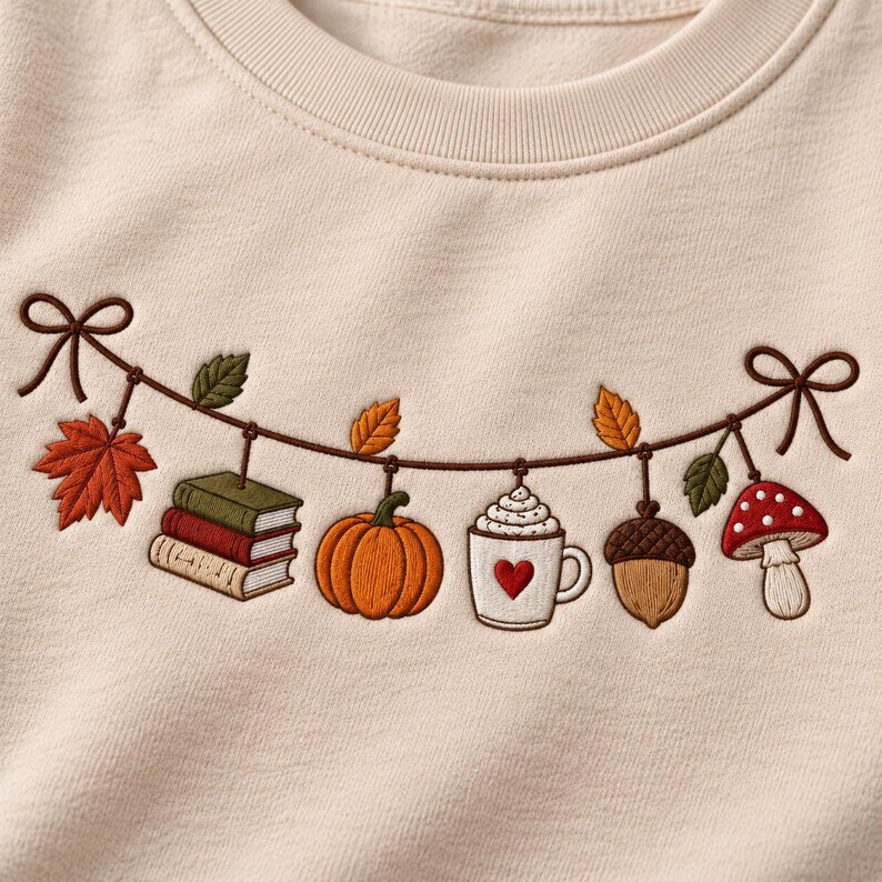 May include: A light beige sweatshirt featuring an embroidered garland design. The garland is suspended by two brown bows and displays a stack of books, an orange pumpkin, a white mug with a red heart, an acorn, and a red and white mushroom.