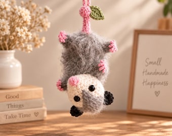 Crochet Opossum Car Mirror Charm, Handmade Possum Rearview Mirror Accessory, Cute Animal Car Ornament, Opossum Lover Gift