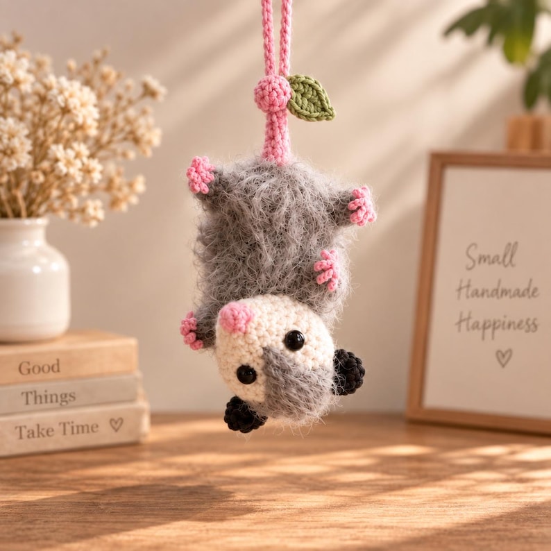 May include: A crocheted hanging ornament shaped like a fuzzy gray and white opossum. The creature has a pink nose, small pink paws, black ears, and black eyes. It hangs from a pink crocheted cord topped with a small green crocheted leaf.