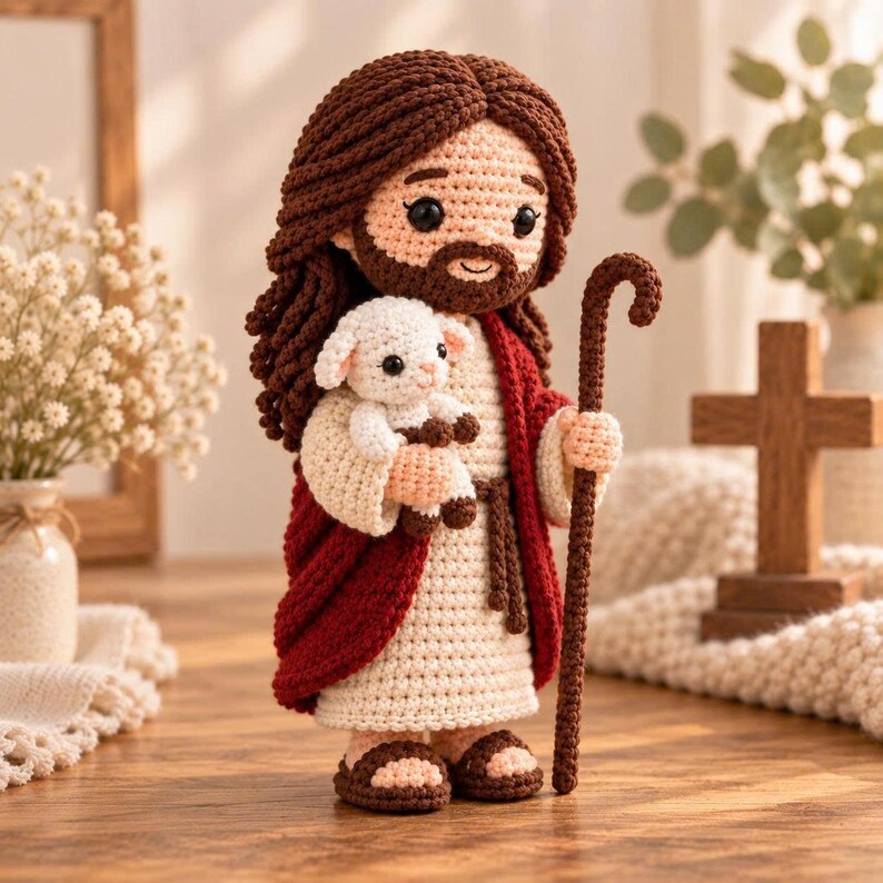 May include: A crochet doll depicting a figure with long brown hair and a beard, wearing a cream-colored robe with a dark red shawl. The figure holds a small white lamb in its arms and a brown shepherd's crook in one hand, wearing brown sandals.