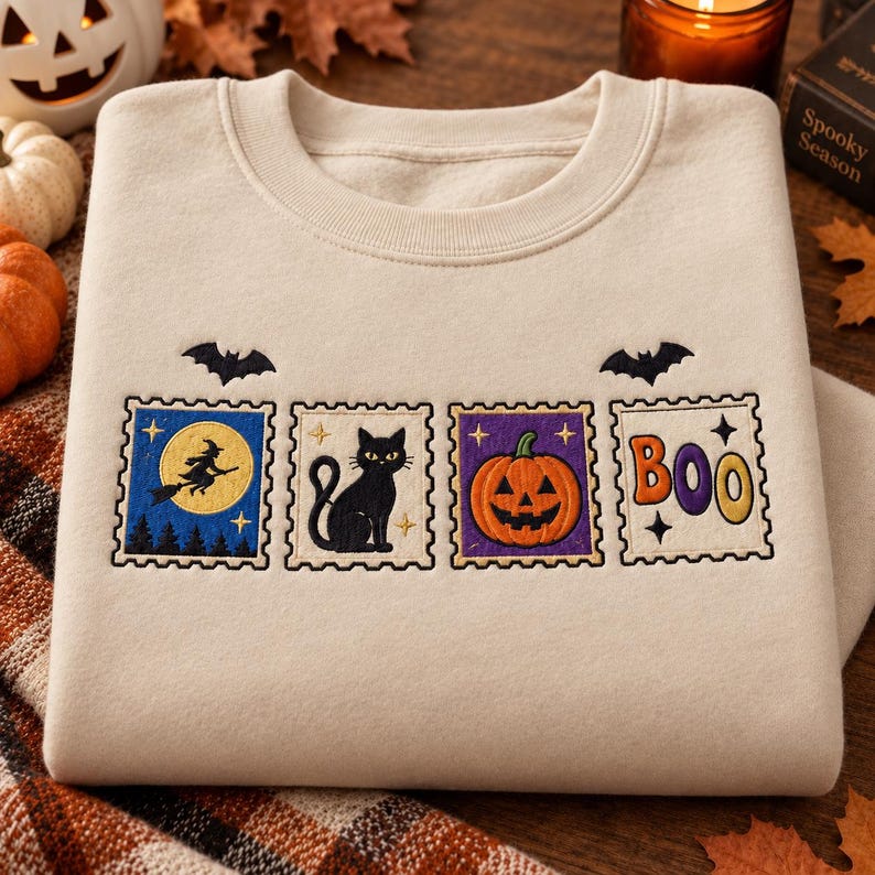 May include: A beige crewneck sweatshirt featuring four embroidered rectangular patches resembling postage stamps. The designs include a witch on a broomstick, a black cat, a jack-o'-lantern, and the word BOO, accented by two small black bats.