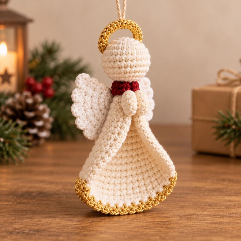 May include: A crocheted angel ornament in cream yarn with a gold halo and gold trim at the base of the dress. The figure features a small red collar, scalloped wings, and hands clasped together in front. A light-colored string is attached to the top.