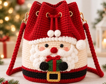 Handmade Christmas Crochet Bucket Bag, Santa Reindeer Holiday Bag, Cute Holiday Drawstring Pouch,Xmas Gift Bag for Women,Christmas Gift
