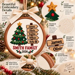 May include: A round wooden embroidery hoop containing a white fabric panel with a stitched green Christmas tree, a yellow star, and five wooden-style signs labeled James, Olivia, Sophia, William, and Bella. Text reads SMITH FAMILY 2026.