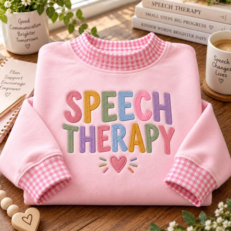 May include: A light pink sweatshirt featuring a pink and white gingham collar and cuffs. The front displays the embroidered text SPEECH THERAPY in multi-colored letters, with a small pink heart and radiating lines embroidered below the text.