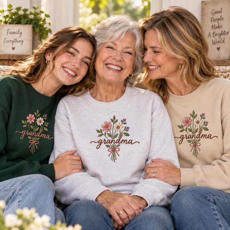 May include: Three crewneck sweatshirts in dark green, light gray, and beige, each featuring an embroidered bouquet of pink, white, and purple flowers tied with a pink ribbon, with the word "grandma" stitched in cursive script below the flowers.