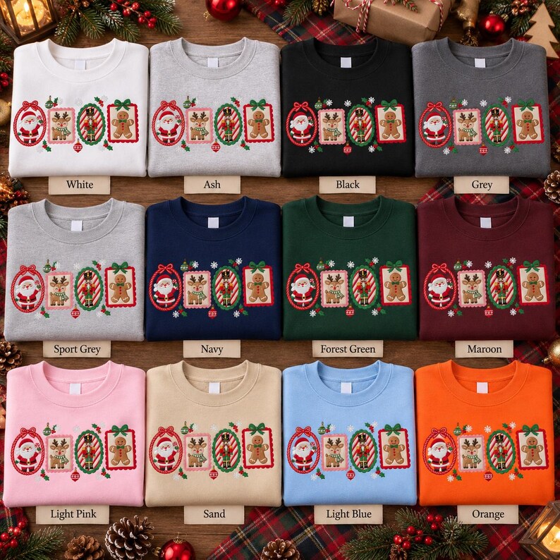 May include: A collection of twelve crewneck sweatshirts in various colors, each featuring a central horizontal graphic of four framed Christmas icons: Santa Claus, a reindeer, a nutcracker, and a gingerbread man, surrounded by snowflakes.
