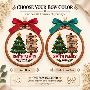 May include: Two round wooden embroidery hoop ornaments featuring a white fabric center with an embroidered Christmas tree, a signpost with the names James, Olivia, Sophia, William, and Bella, and the text SMITH FAMILY 2026. One has a red bow, one a teal bow.