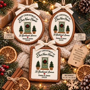 May include: Three custom embroidered Christmas ornaments in circle, oval, and rectangle shapes with wooden frames and cream bows. Each features a green door, two potted trees, and text reading First Christmas at Our New Home, 35 Beechwood Avenue, Emma & James 2026.