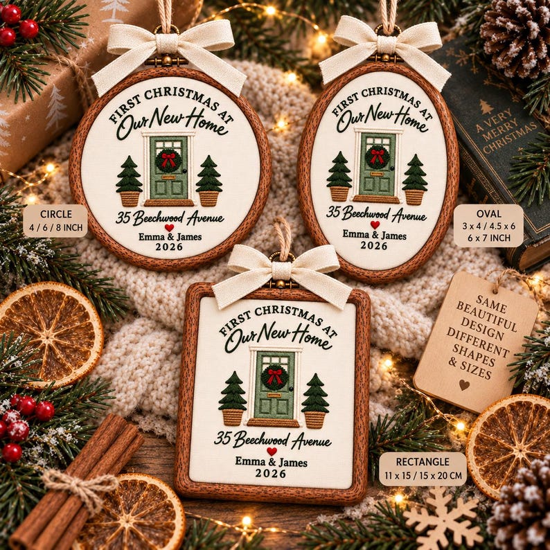 May include: Three custom embroidered Christmas ornaments in circle, oval, and rectangle shapes with wooden frames and cream bows. Each features a green door, two potted trees, and text reading First Christmas at Our New Home, 35 Beechwood Avenue, Emma & James 2026.