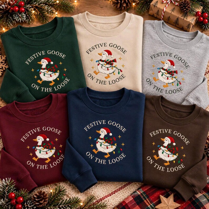 May include: A collection of six crewneck sweatshirts in dark green, beige, heather gray, maroon, navy blue, and dark brown. Each features a central graphic of a white goose wearing a Santa hat and string lights, with the text Festive Goose On The Loose.