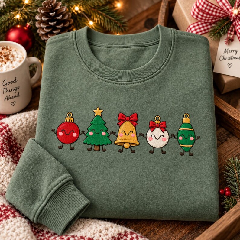 May include: An olive green crewneck sweatshirt featuring an embroidered graphic of five festive characters holding hands: a red ornament, a green Christmas tree, a gold bell, a white ornament with a red bow, and a green teardrop ornament.
