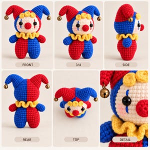 May include: A crochet clown doll featuring a red and blue color-blocked body, a yellow ruffled collar, and a two-toned jester hat with small metal bells at the tips. The face has a cream-colored base, a red nose, black eyes, and blue tear markings.
