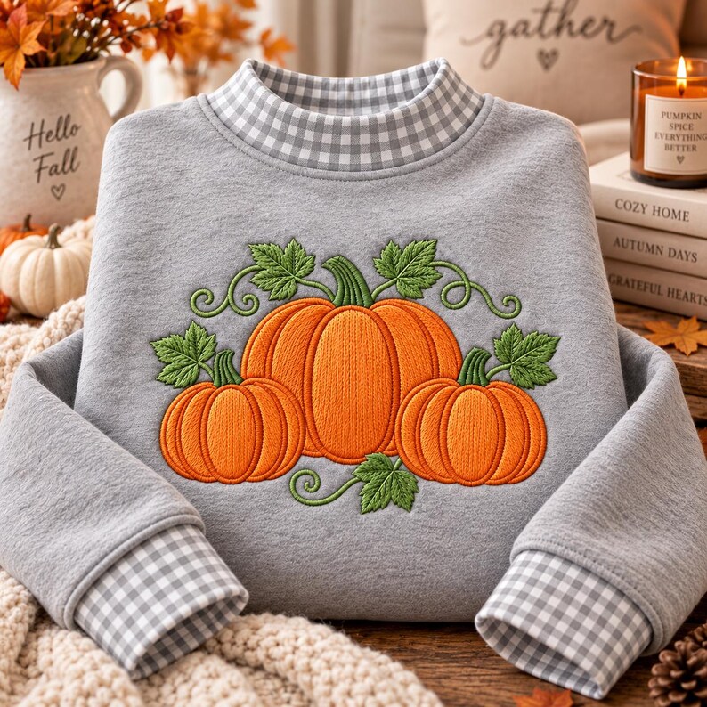 May include: A gray long-sleeve sweatshirt featuring an embroidered design of three orange pumpkins with green leaves and vines. The garment has a mock neck collar and sleeve cuffs in a gray and white gingham check pattern, providing a layered look.