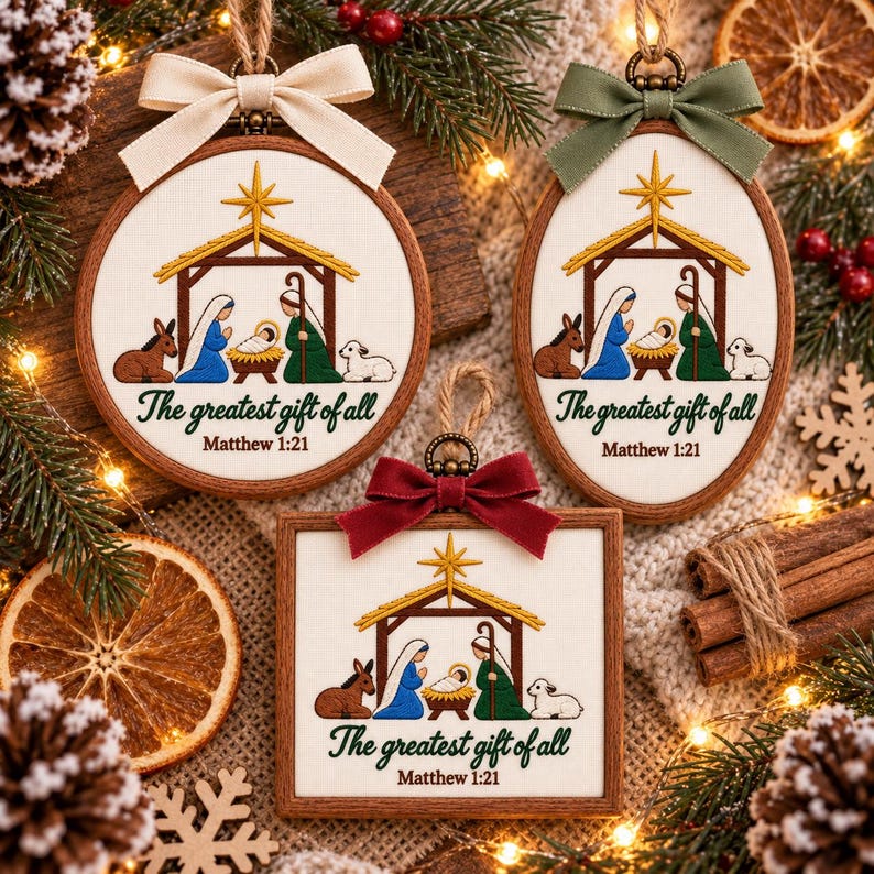 May include: Three wooden-framed embroidery hoops and a rectangular frame featuring a nativity scene with a manger, figures, and a star. The text reads The greatest gift of all Matthew 1:21. Each piece is topped with a decorative fabric bow.