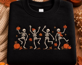 Embroidered Skeleton Sweatshirt: Halloween Dancing Skeletons, Autumn Leaves, Pumpkins, Womens Halloween Shirt, Cute Halloween Gift