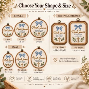 May include: A size guide for custom embroidered baptism hoops featuring circle, rectangle, and oval frames. Each hoop displays the name Noah James, a date, a blue bow, and a cross. Sizes range from 3 to 8 inches and 4.33 to 7.87 inches.