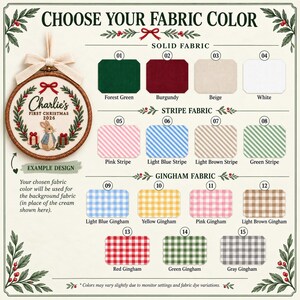 May include: A fabric colour selection chart for a custom embroidery hoop ornament. The chart displays fifteen numbered fabric swatches categorised as solid, stripe, or gingham, alongside an example ornament featuring a rabbit and text.