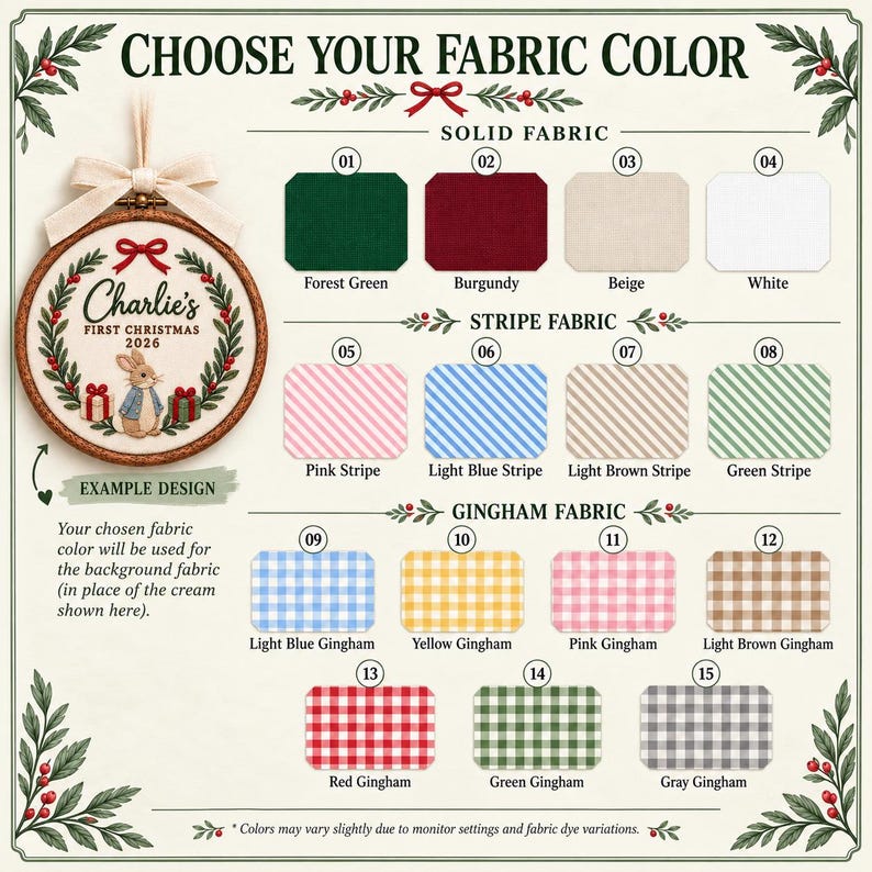 May include: A fabric colour selection chart for a custom embroidery hoop ornament. The chart displays fifteen numbered fabric swatches categorised as solid, stripe, or gingham, alongside an example ornament featuring a rabbit and text.