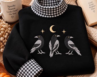 Embroidered Crow Sweatshirt, Gingham Mock Neck, 90s Gothic Crow Tee, Witchy Raven Shirt, Spooky Bird Apparel, Halloween Gift