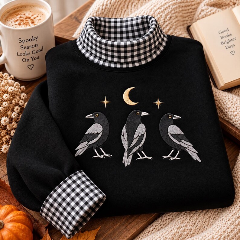 May include: A black long-sleeve sweatshirt featuring a mock neck collar and sleeve cuffs in a black and white gingham pattern. The chest displays an embroidered design of three black crows positioned beneath a gold crescent moon and two stars.