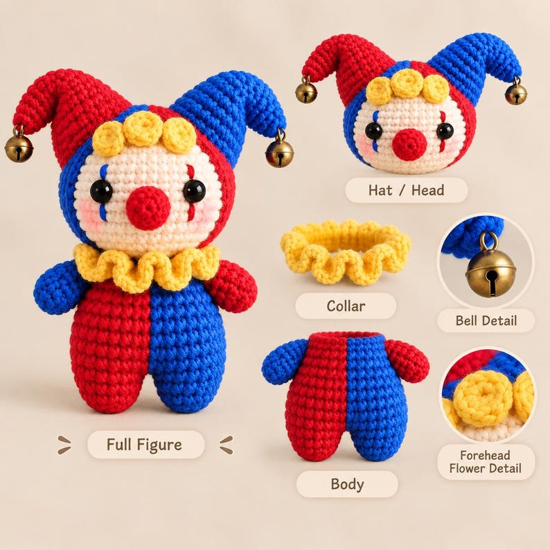 May include: A crochet clown doll featuring a red and blue jester hat with gold bells, a cream-colored face with a red nose, and a yellow ruffled collar. The body is split into red and blue sections. Includes labels: Full Figure, Hat / Head, Collar, Bell Detail, and Forehead Flower Detail.