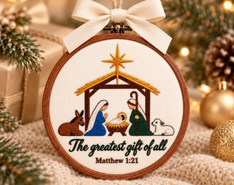 Embroidered Nativity Hoop Ornament: The Greatest Gift of All Ornament,Personalized Christian Holiday Gift 2026 Tree Decor