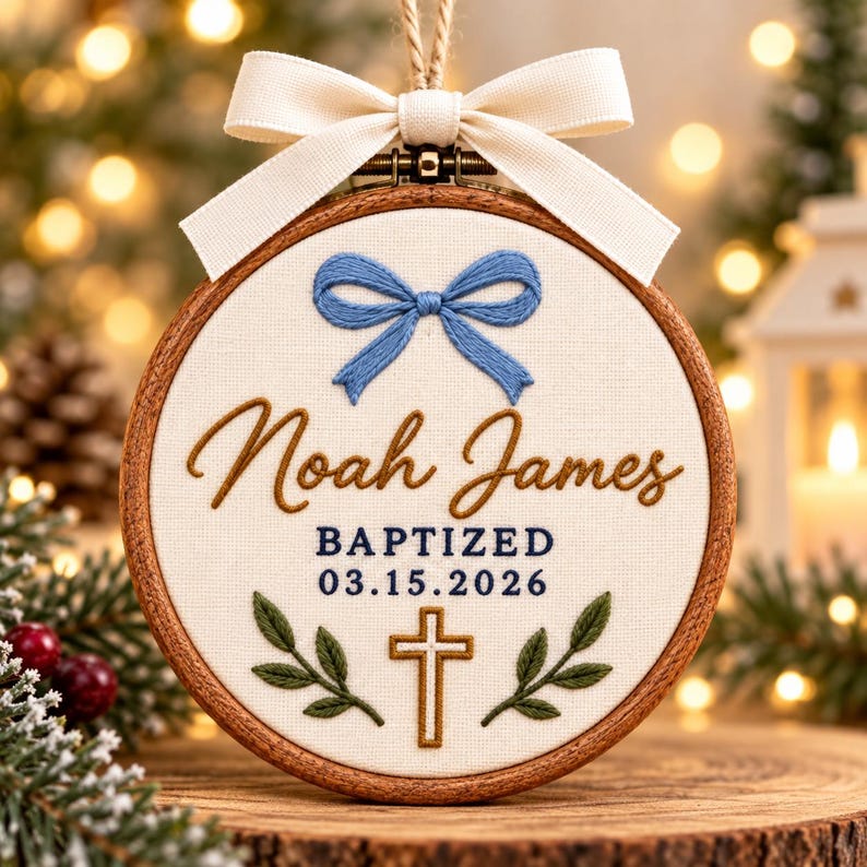 May include: A circular wooden embroidery hoop containing off-white fabric with a blue embroidered bow, the name Noah James, the text BAPTIZED 03.15.2026, a cross, and green leaves. A cream-colored fabric ribbon is tied to the top of the hoop.