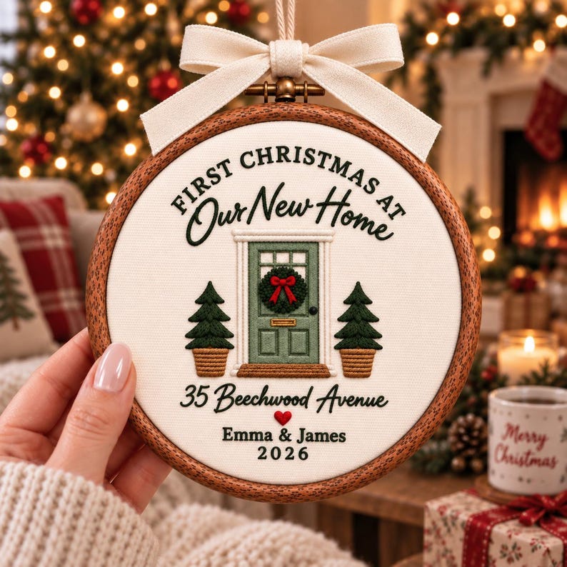 May include: A round wooden embroidery hoop ornament featuring white fabric with embroidered text First Christmas at Our New Home, 35 Beechwood Avenue, Emma & James, and 2026. It depicts a green door with a wreath and two potted pine trees.