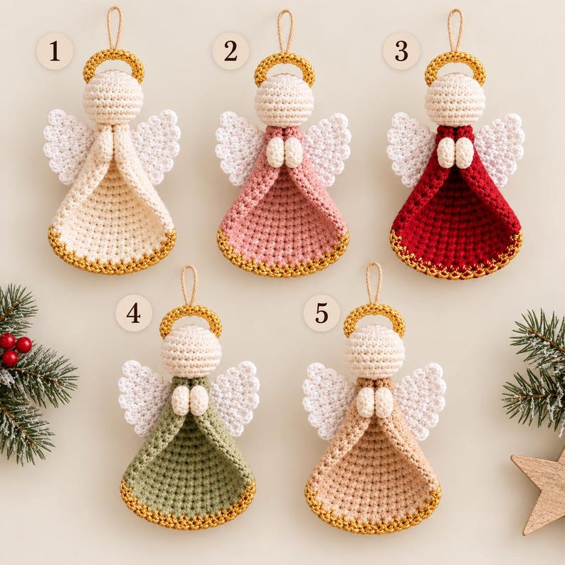 May include: Five crocheted angel ornaments numbered one through five. Each angel features a cream-colored head, a gold halo, white wings, and a dress in cream, pink, red, sage green, or tan, all finished with a gold-trimmed hem and a hanging loop.