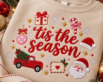 Embroidered Christmas Tis The Season Sweatshirt, Cute Xmas Coquette Shirt, Vintage Christmas Santa Crewneck, Christmas Gift